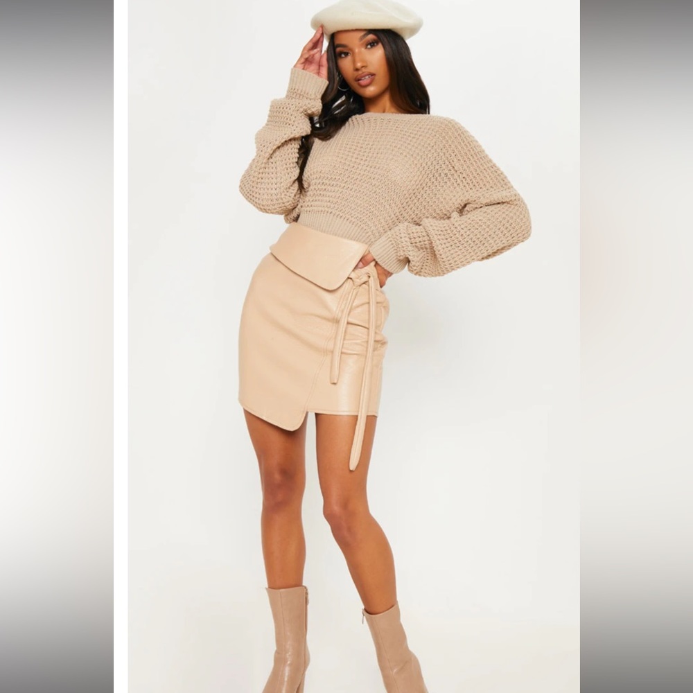 Stone Super Soft Faux Leather Tie Detail Mini Skirt